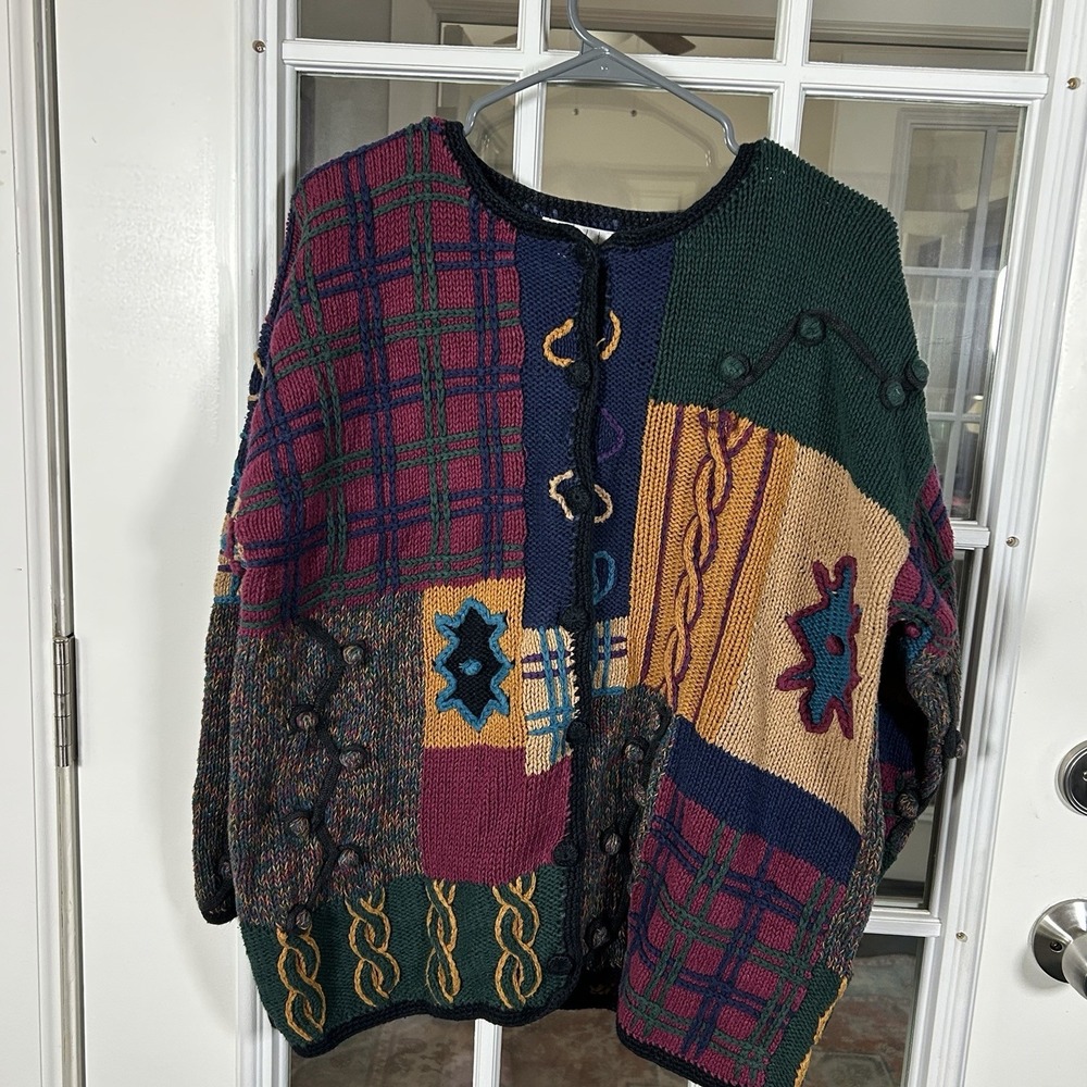 Vintage 90s Casual Ellements 3D Colorblock Cardigan Artsy Chunky Knit Size Large